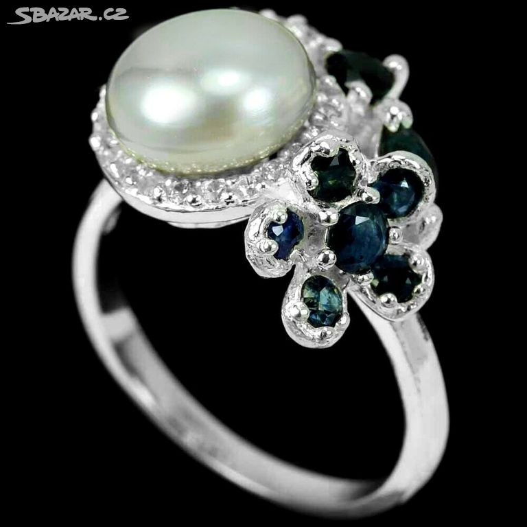 Stříbrný prsten s přírodními safíry a perlou