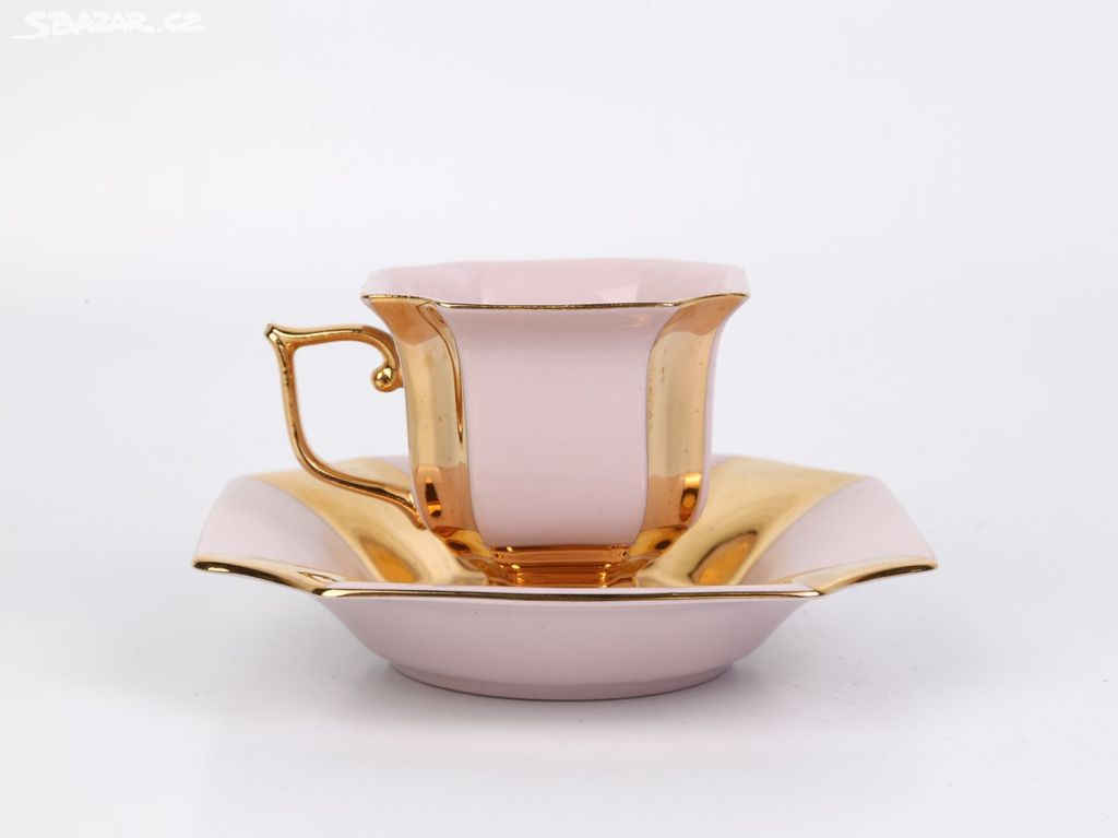 Starý zlacený šapo hrníček - růžový porcelán H&C