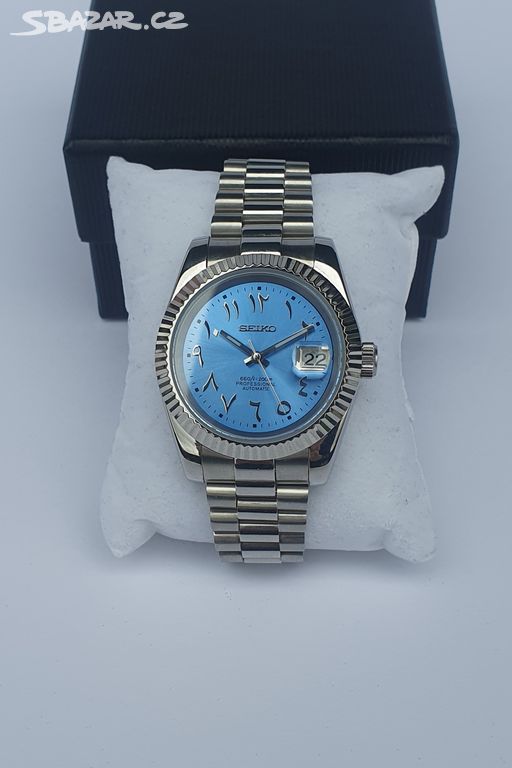 Seiko Mod Datejust arabic light blue sunburst dial