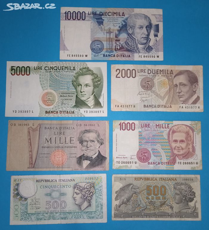 Bankovky ITÁLIE - 500 - 10.000 Lire 1967-1990