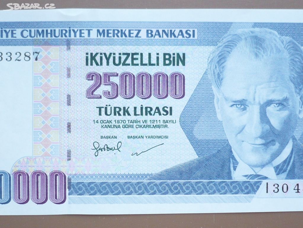 Bankovka, Turecko 250 000 lir, ročník 1998