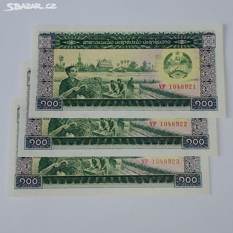 CUA. Laos 3x bankovka 100 kip v postupce UNC