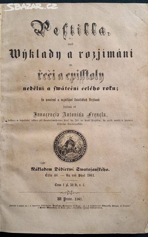KNIHA V ČEŠTINĚ Z ROKU 1861 - POSTILLA