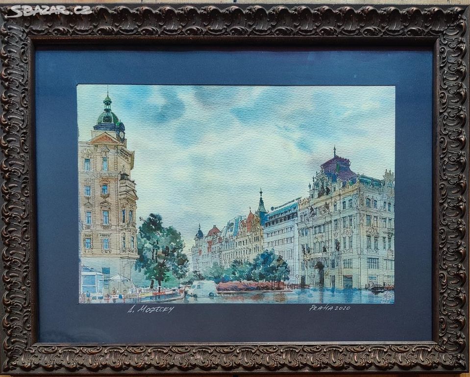 Obraz Prahy, akvarel v krásném rámu
