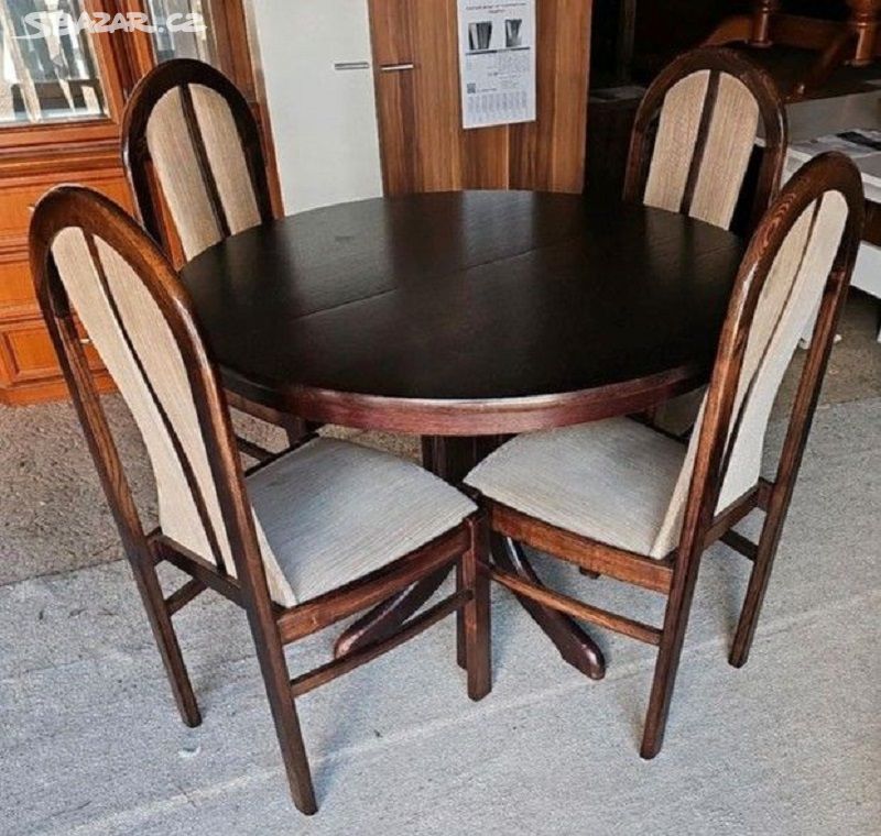 Kulatý stůl jídelní, rozkládací a 4 židle - masiv