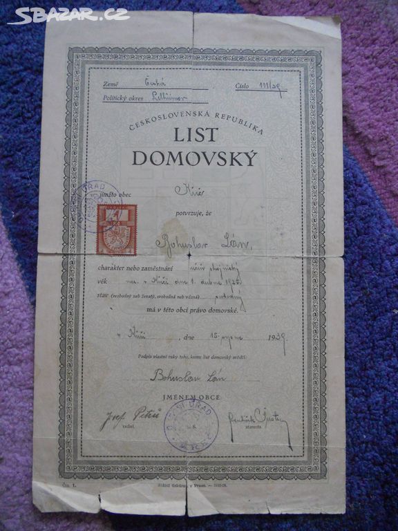 Starý domovský list z r. 1939, Pelhřimov - Křeč