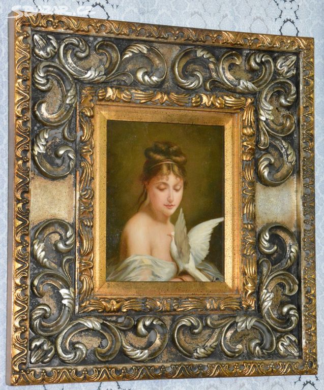 Zámecký obraz - Dívka s holubicí - olej na desce