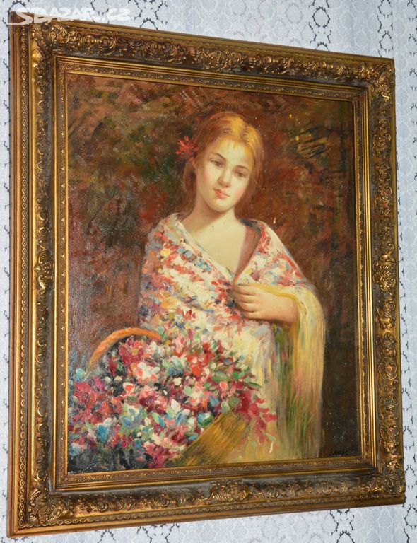 Zámecký obraz - Dívka s květinami - olej na plátně