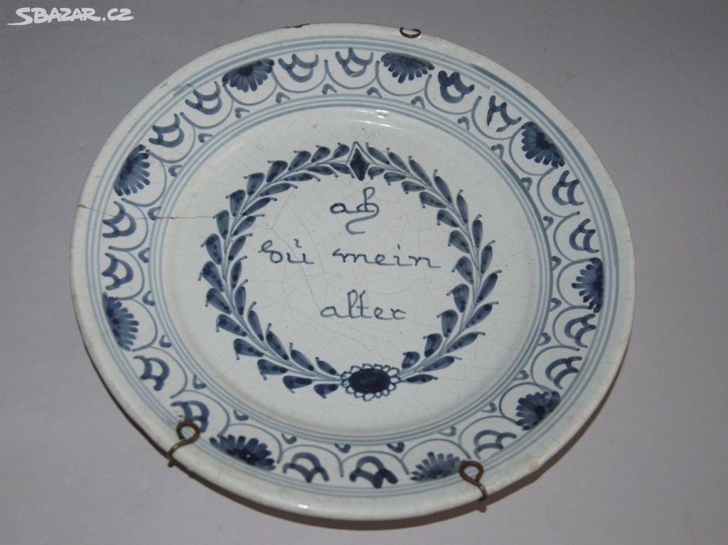starožitný talíř modrý dekor keramika
