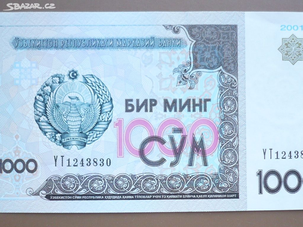 Bankovka, Uzbekistán, 1000 sum, ročník 2001