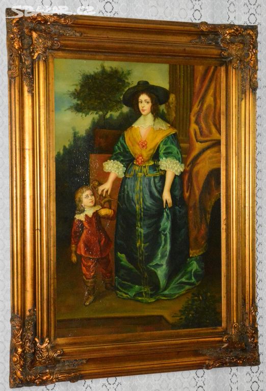 Zámecký obraz - Dáma s dcerou - olej na plátně