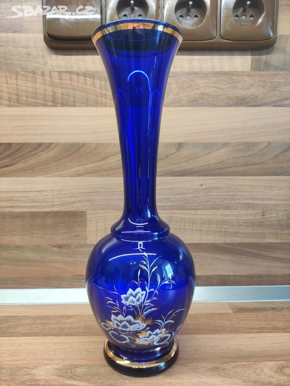 Retro vysoká váza z modrého skla - ručně malovaná