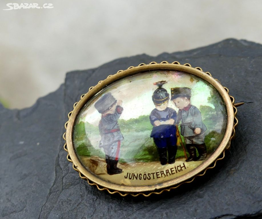 Vojáci děti, brož, malba na perleti Jungösterreich