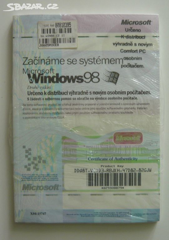 Certifikát pravosti Windows 98 (COA) a manuál