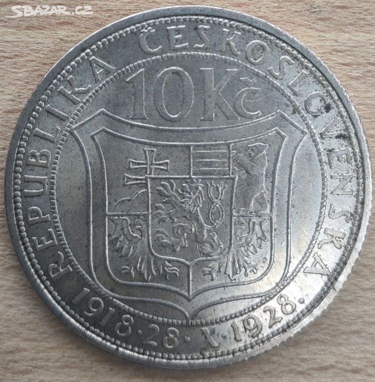 Stříbrná mince 10 Kč, 1928, Československo, 4013