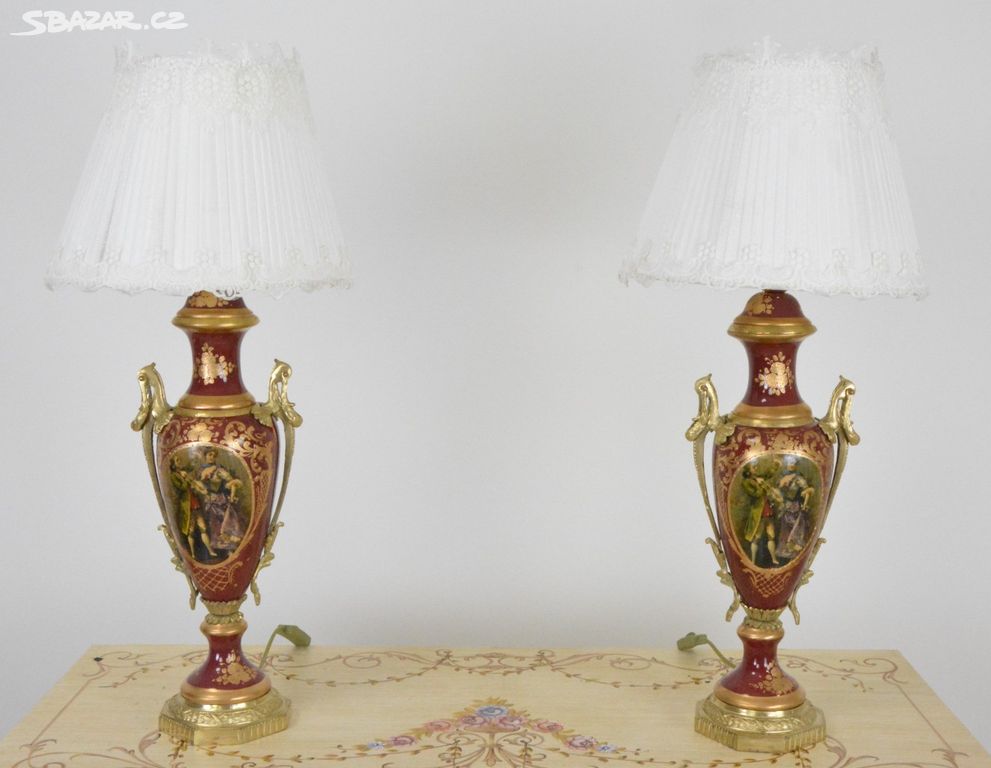 Zámecké stolní lampy se stínidlem - porcelán+bronz