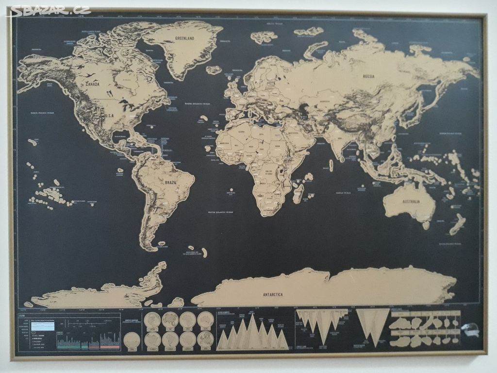 Stírací mapa světa černá a zarámovaná