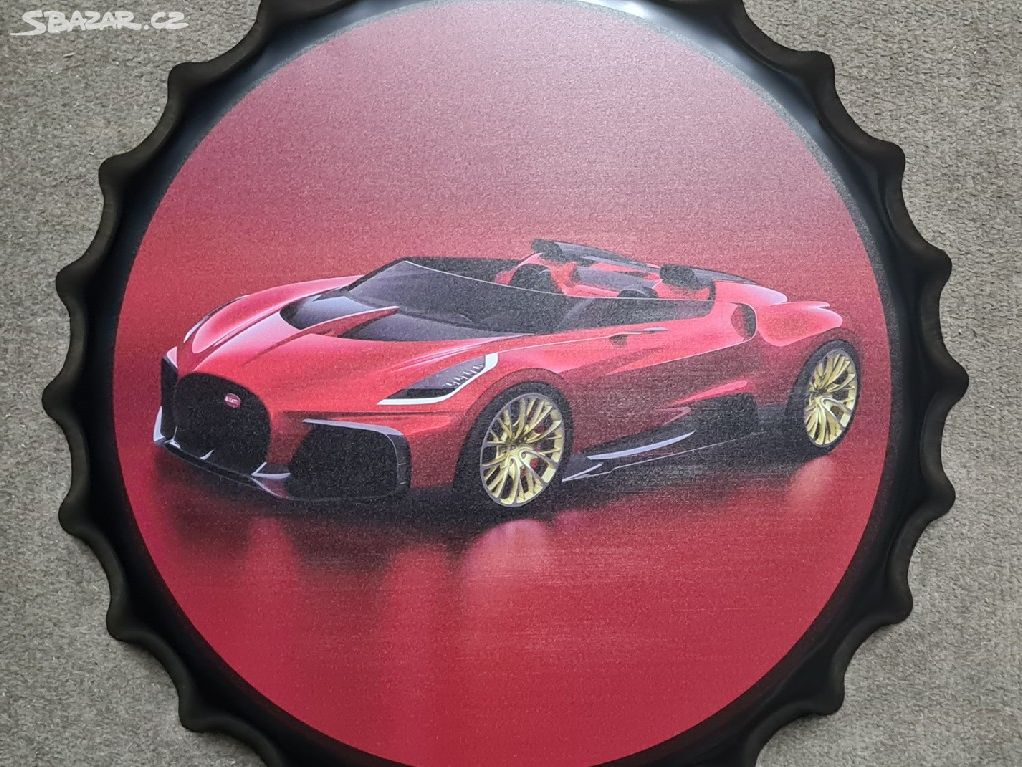 Velká plechová retro cedule pivní zátka BUGATTI