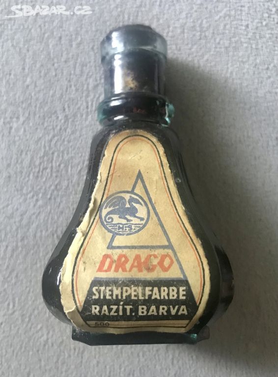 starožitná sklenička kalamář Draco razítková barva