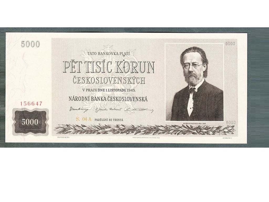 Staré bankovky 5000 kčs 1945 Smetana bezvadný stav