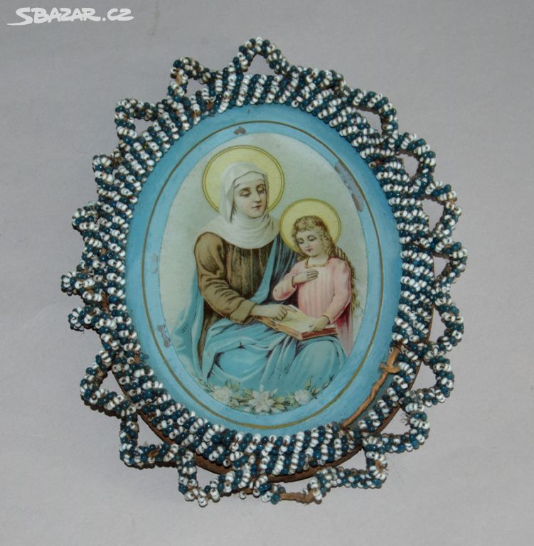 starý perličkový obrázek Marie s dítětem