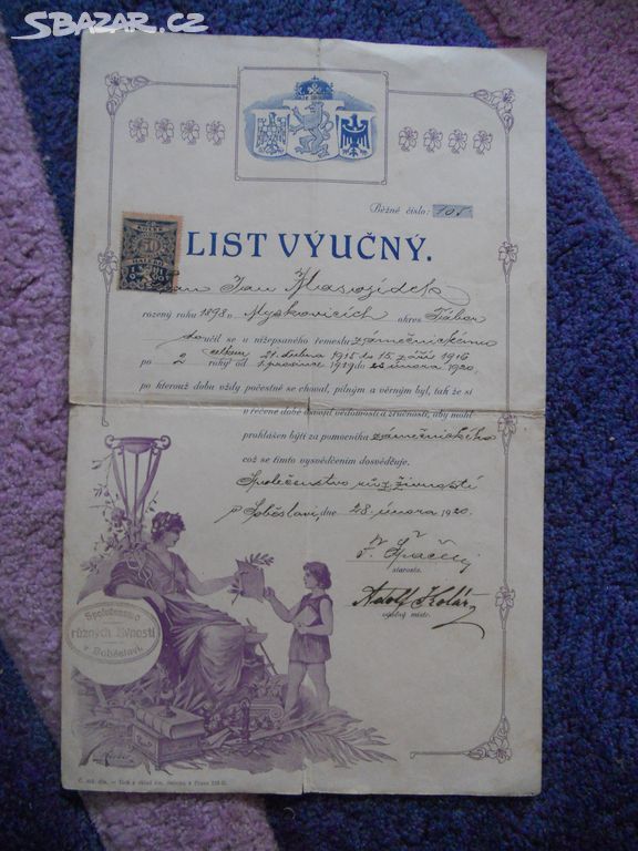 Starý Výučný list, Tábor, r. 1920, zámečnictví