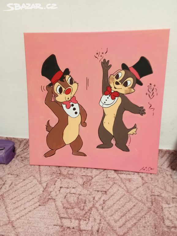 Ručně malovaný obraz chip a dale, pohádka děti