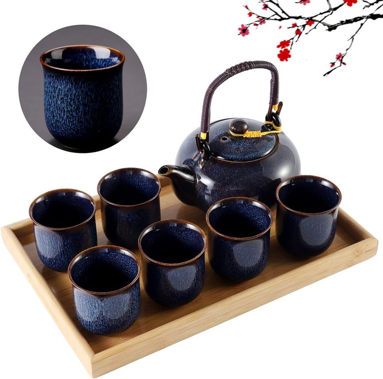 Porcelánový čajový set v japonském stylu-tm. modrý