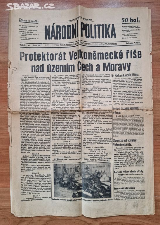 Noviny - Zřízení protektorátu Čechy a Morava 1938