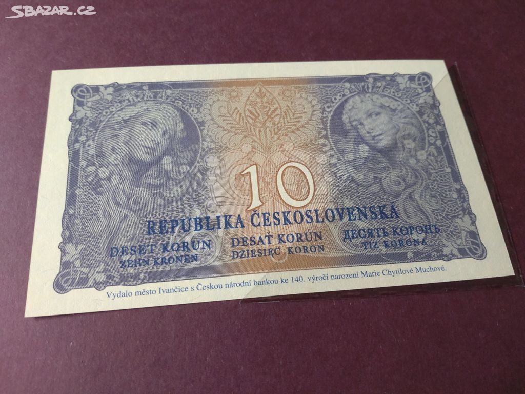 10 KORUN 1919, výroční bankovka STC, Alfons Mucha