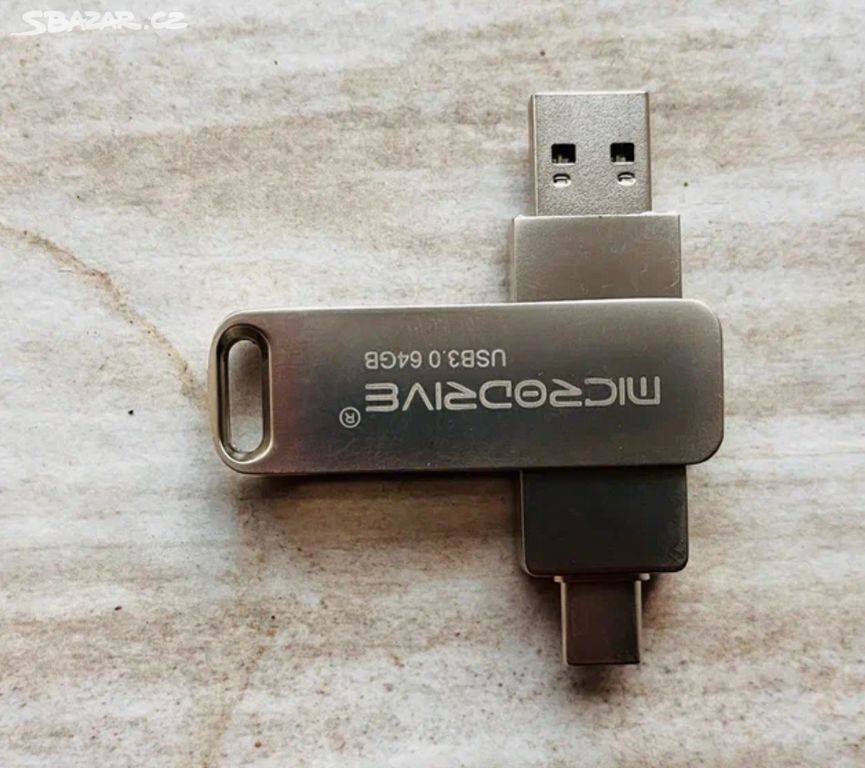 Kovový Flash disk 64GB s konektory USB-A + USB-C