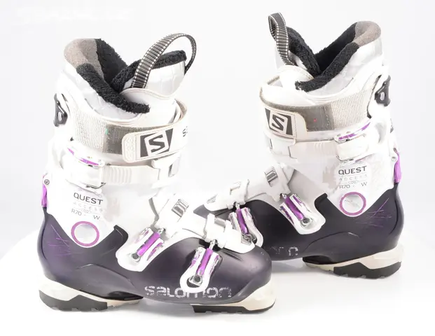 salomon divine r60 ski boot  Lone Pine Gear Exchange Set your sights on an aggressive slope and let the Salomon Divine RS CF ski boots help you master the skills to ski it like a proSalomon Divine RS CF Ski Boot Womens Specs Second Skin Last envelops the foot with a performance anatomic fit so every bit of control pressure is transferred to the ski Spaceframe Shell Profile with multilayer construction and precise wall thicknesses optimizes feeling performance and energy transmission Thinwall construction of the Second Skin Shell creates a light sensitive boot providing superior fit and feel Energyzer shell reinforcement provides a progressive and responsive flex Bimaterial polyurethane shell accommodates easy entry excellent foot envelopment and progressive flex Soft 2D Sensifit material over the forefoot and up the front of the shell enhances comfort and ease of entry My Customfit Sport liner featuring a layer of conformable foam customizes the fit along the front of the ankle Biovent liner technology employing layers of mesh foam and insulation effectively transfers moisture away from feet Liner captures 30 to 50 more water than a standard liner thereby keeping feet dry and warm Womenspecific liner features faux fur fleece lining and an upper cuff shaped to accommodate womens calf muscles Loop on tongue aids pulling the boot on and taking it off A simple turn of a screw frees up 1cm of extra room around the cuff Microadjustable aluminum buckles let a woman tailor boot snugness for comfort and performance Toolfree catches are quickly adjusted to fit various ankle widths Dmsk Lyky Salomon Divine R60